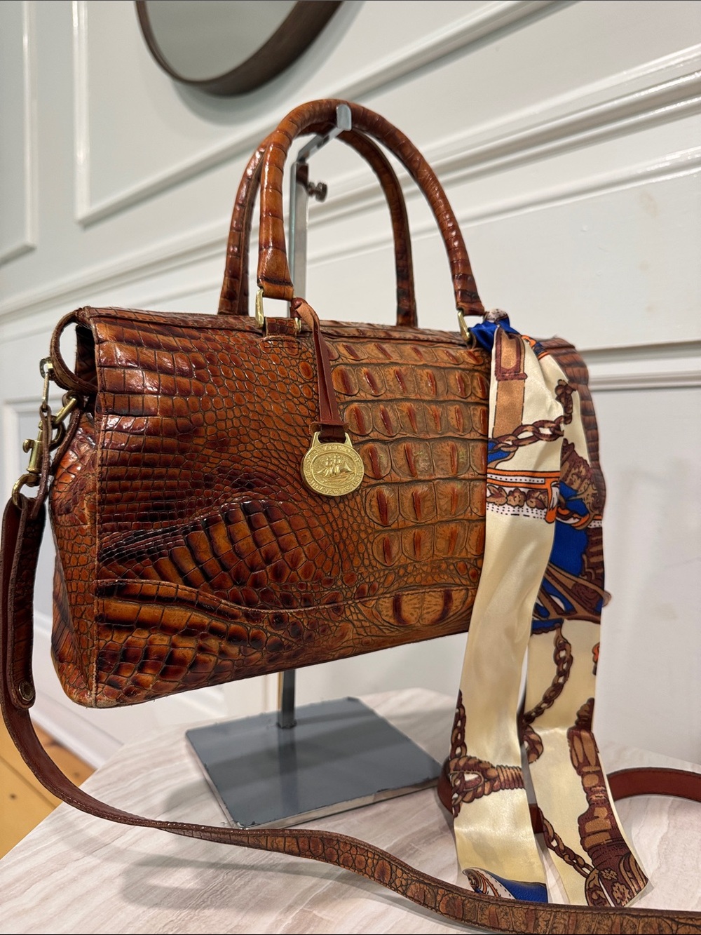 Brahmin Bag Melbourne Brown Croc-Embossed Satchel with Cream & Blue Scarf